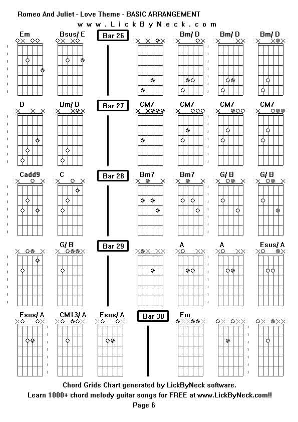 Chord Grids Chart of chord melody fingerstyle guitar song-Romeo And Juliet - Love Theme - BASIC ARRANGEMENT,generated by LickByNeck software.